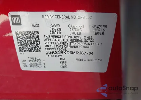 2021 GMC Yukon 2Wd Slt z USA, uszkodzony, nr VIN 1GKS1BKD6MR367704